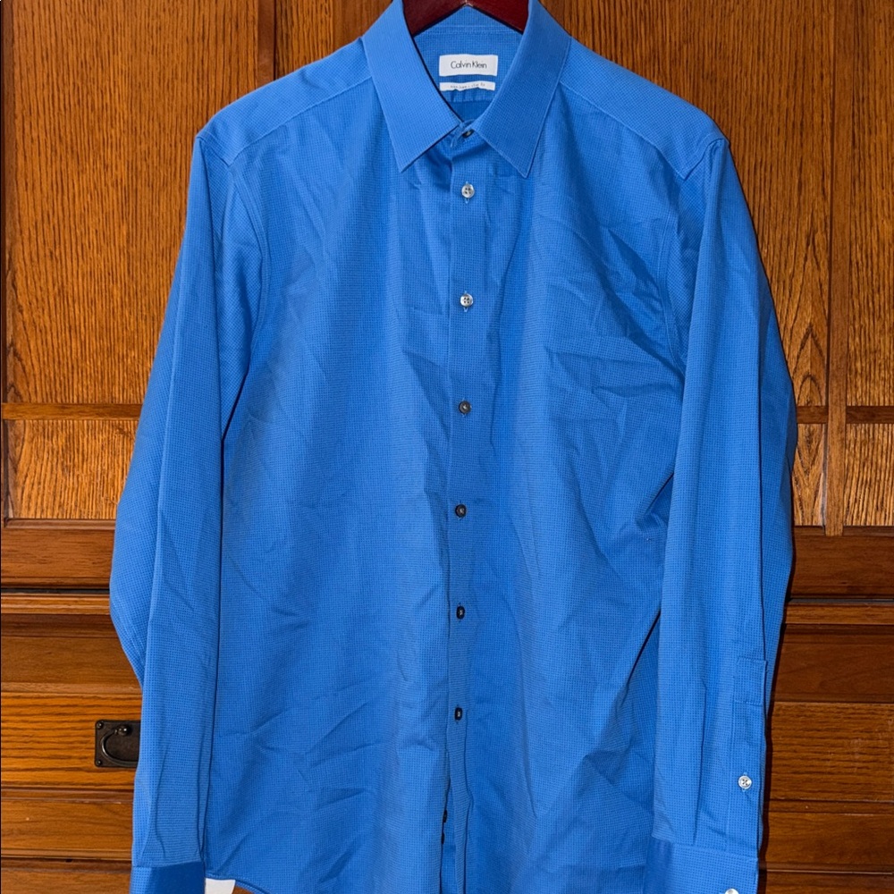 Calvin Klein Micro Check Button Down Dress Shirt Non-Iron Slim Fit 4 Way Stretch